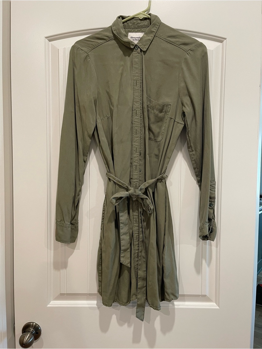 Abercrombie & Fitch Olive Green Long-Sleeve Shirt Dress with Tie Waist